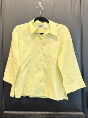 Irish Linen Light Yellow Embroidered Button-Up Blouse